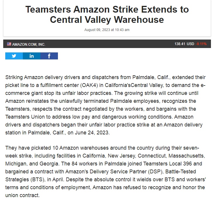 亚马逊送货司机罢工范围扩大，已有10个仓库受到影响