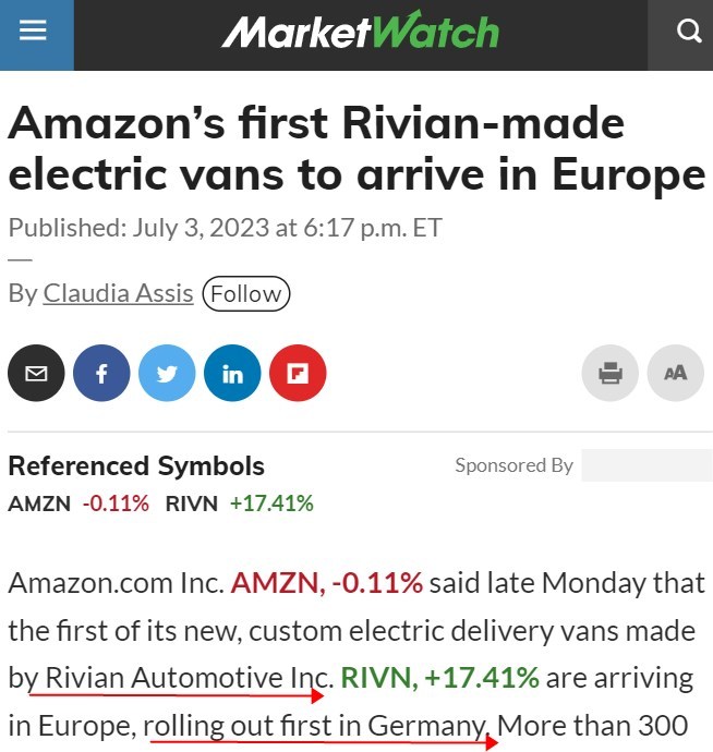 亚马逊将在德国部署Rivian首批欧洲电动货车