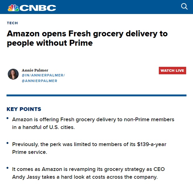 亚马逊向非Prime会员测试开放Fresh配送服务